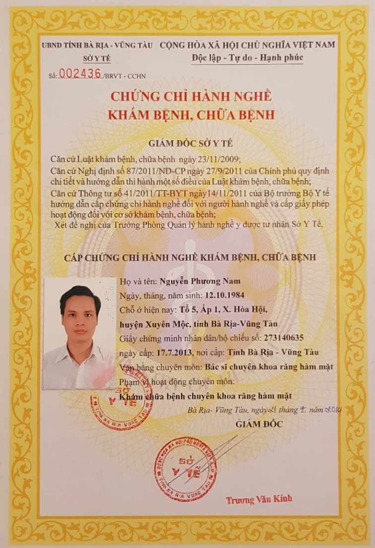 chứng nhận hành nghề của bác Nam