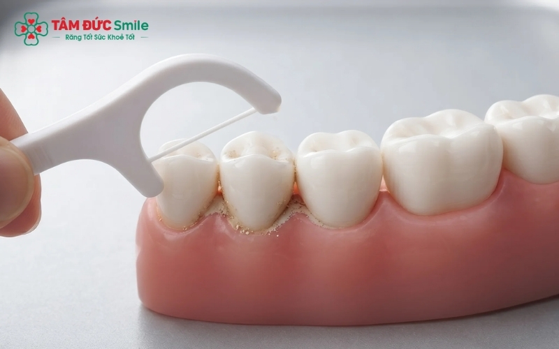 Hãy đưa chỉ nhẹ nhàng để tránh làm tổn thương nướu lợi.