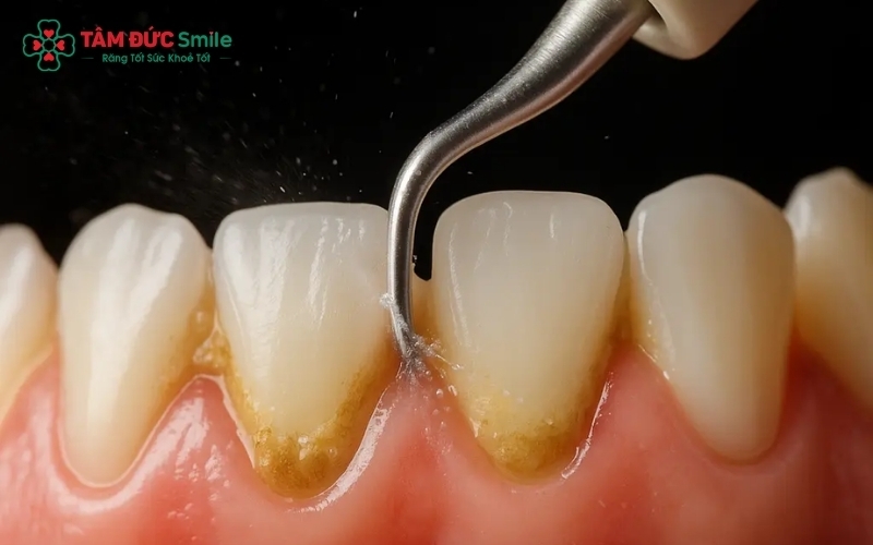 Cao răng (vôi răng) tích tụ ở cổ răng và kẽ răng là môi trường lý tưởng cho vi khuẩn trú ngụ, cần được làm sạch chuyên sâu tại nha khoa.