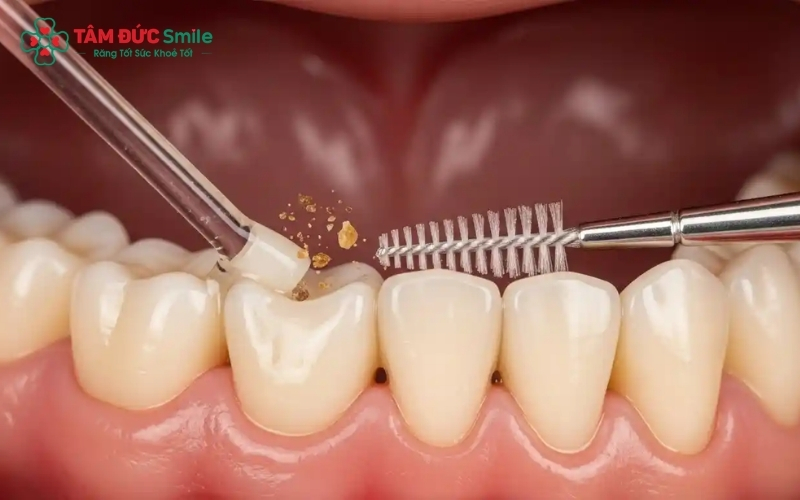 Sử dụng máy tăm nước hoặc chỉ nha khoa chuyên dụng là cách hiệu quả nhất để loại bỏ thức ăn thừa giắt dưới nhịp cầu mà bàn chải thường không chạm tới.