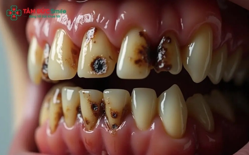 Cao răng và mảng bám tích tụ ở mặt trong răng cửa là "thủ phạm" chính gây ra tình trạng sâu răng thầm lặng từ bên trong.