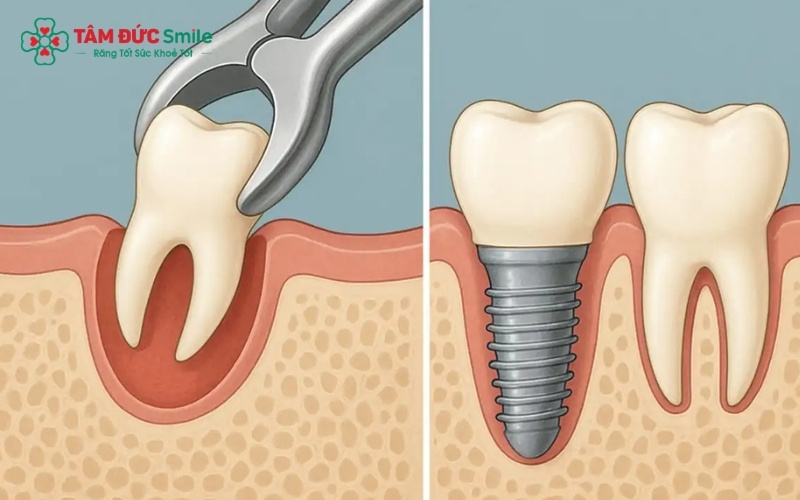 Mất răng hàm (trừ răng khôn) cần được trồng lại sớm bằng phương pháp cấy ghép Implant hoặc làm cầu răng sứ để tránh tình trạng xô lệch răng và tiêu xương hàm.
