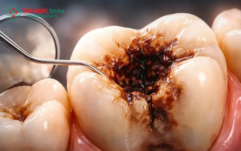 Nếu không điều trị kịp thời, lỗ sâu sẽ lan rộng phá hủy thân răng và tấn công vào tủy gây đau nhức dữ dội, nguy cơ áp xe xương hàm.